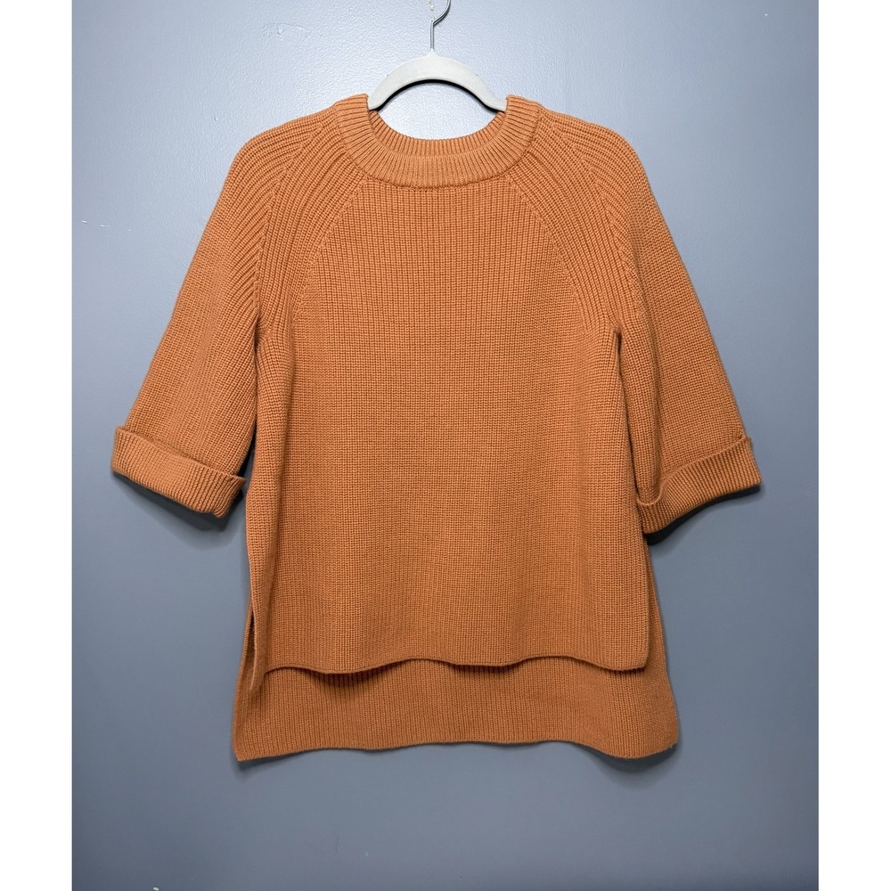 COS Sweater Womens XS Orange 100% Wool Raglan 3/4 Sleeve Chunky Knit Boxy Slits - Picture 9 of 11